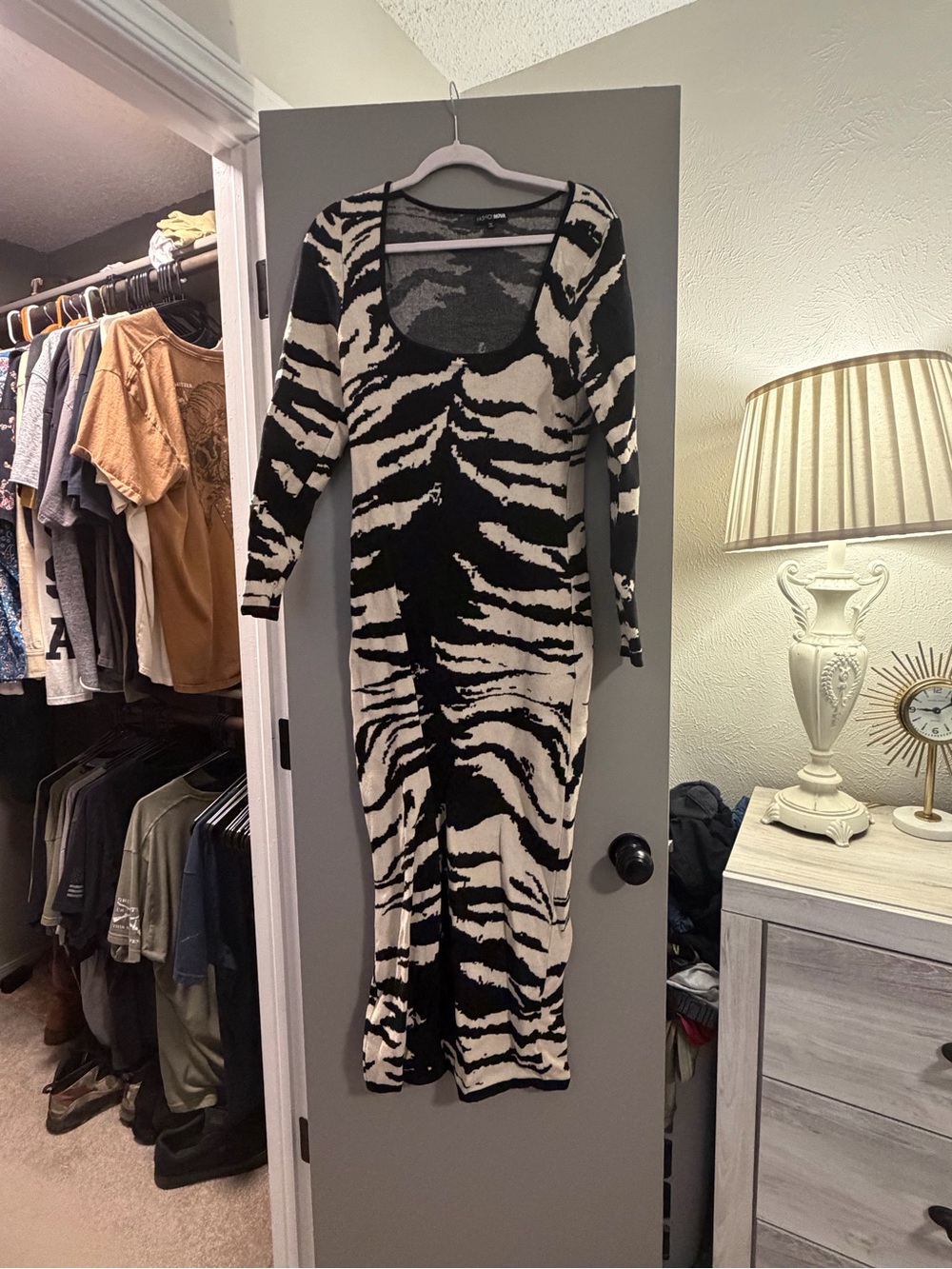 Fashion Nova Black and Cream Zebra-Print Maxi Dress